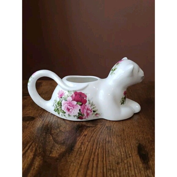 Golden Crown E & R Fine Bone China Cat Creamer White Floral Gold Trim - Picture 6 of 9